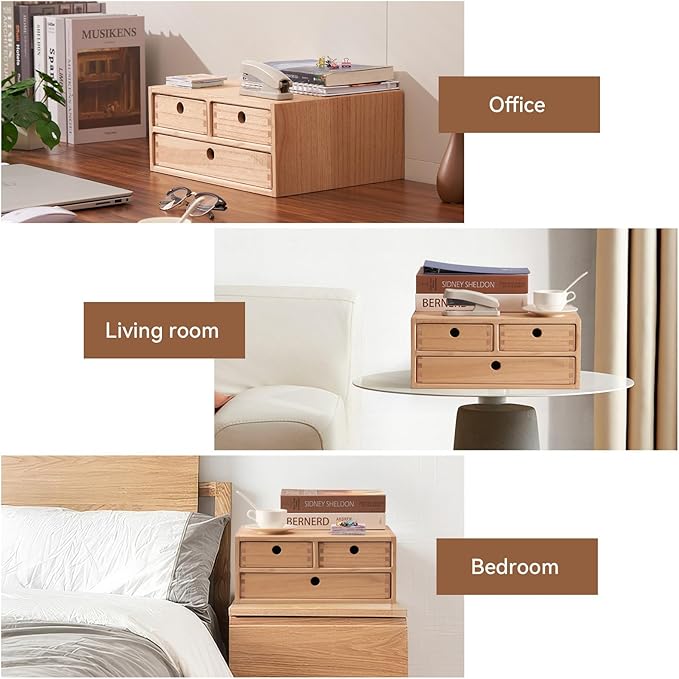 KIRIGEN Wood Desk Organizer with 3 Drawers, Desktop Storage, Natural 23-NA | Wooden Desktop Drawer Hold A4 Papers, Stationery, Jewelry, and Makeup, Fully Assembled for Home Office