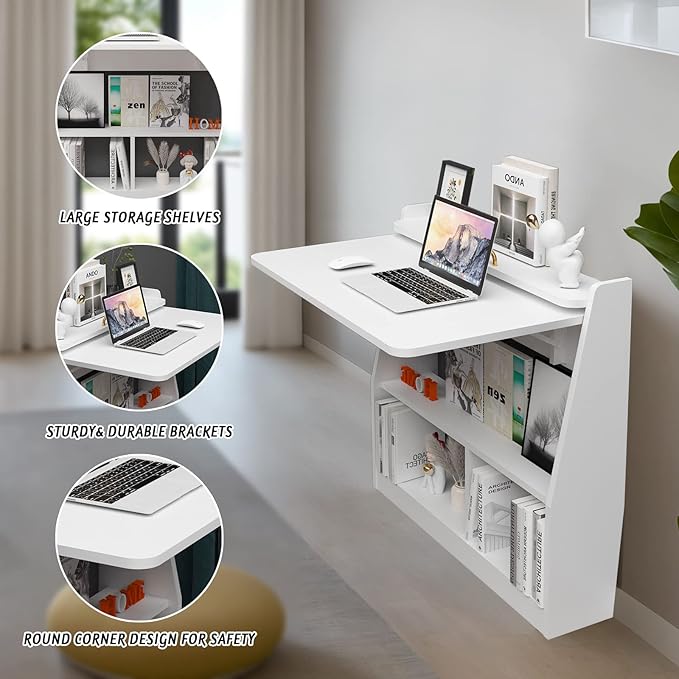 Pmnianhua Wall Mounted Desk, Wooden Folding Desk Space Saving Wall Desk with Storage Shelf Study Writing Table for Small Space (White)