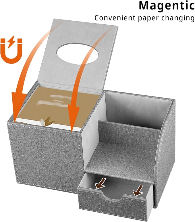 Nightstand Organizer with Tissue Holder,PU Leather Square Tissue Box Cover | Modern Facial Paper Organizer Storage Box for TV Remote Control,Bathroom,Vanity Countertop,End Table,Home and Office Decor