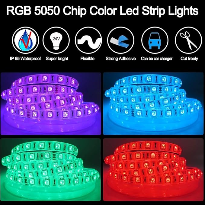 24V RGB LED Strip Lights, 16.4ft 5050 IP65 Waterproof 300 LEDs Color Changing String Light Strips for Bedroom, Kitchen Decoration