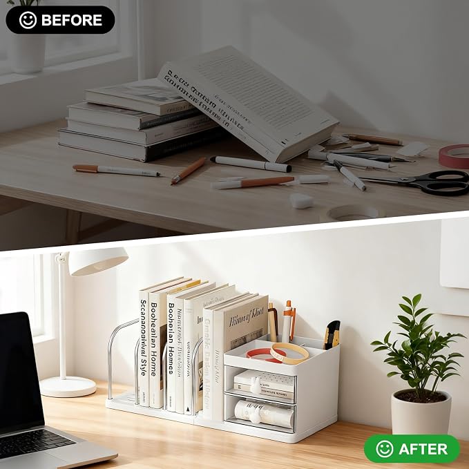 Desk Organizer with 2 Drawer, Desktop File Organizer with 4 Bookends, with Pen Holder, for Home Office School Supplies