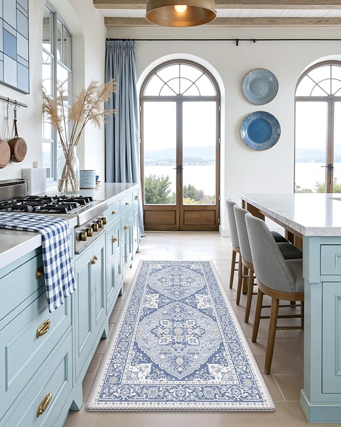 DEXI Kitchen Floor Mats Anti Fatigue, 23x59 Large Cushioned Vintage Runner Rug Waterproof, Standing Comfort Memory Foam Padded for Front Sink Laundry Office, Grey Blue
