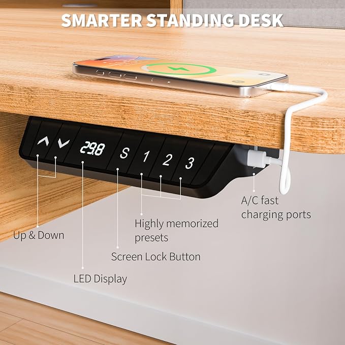 48 * 30 Inches Electric Standing Desk Adjustable Height with 4 Drawers, Double Storage Shelves Stand Up Desk, Home Office Workstation Sit Stand Desk (Nature)