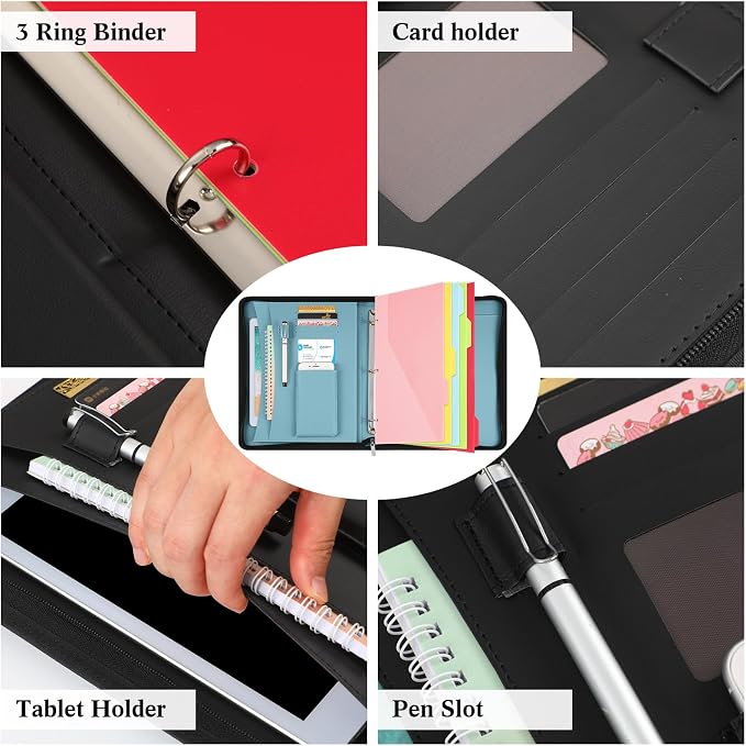 Gilprop Portfolio with 3 Ring Binder, Binder Padfolio with Zipper for Women Men, Leather Business Folder Organizer, 5 Folder Divider Pages for Tablet Resume Documents Business Cards(Black)