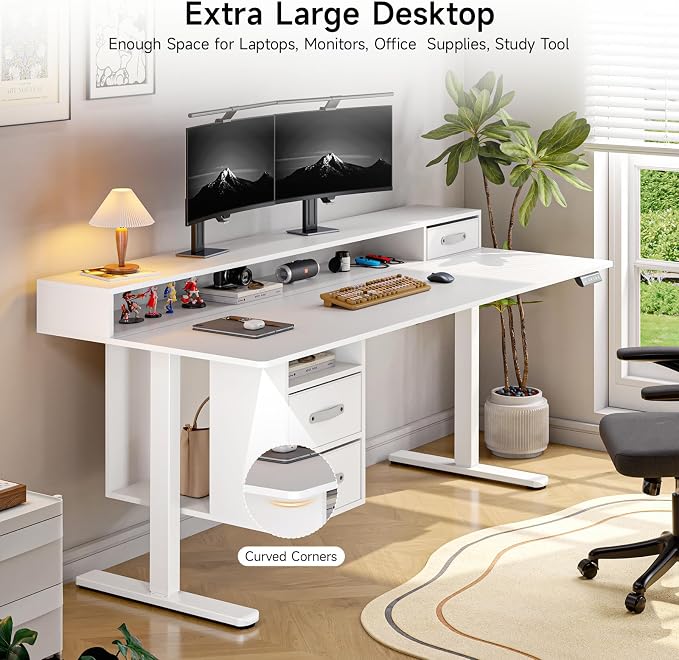 ONBRILL Standing Desk with Drawers, 63x24 Inch Electric Stand Up Desk with 3 Drawers and Open Storage Shelf, Adjustable Height 28-46 Inches for Home and Computer Workstation, White