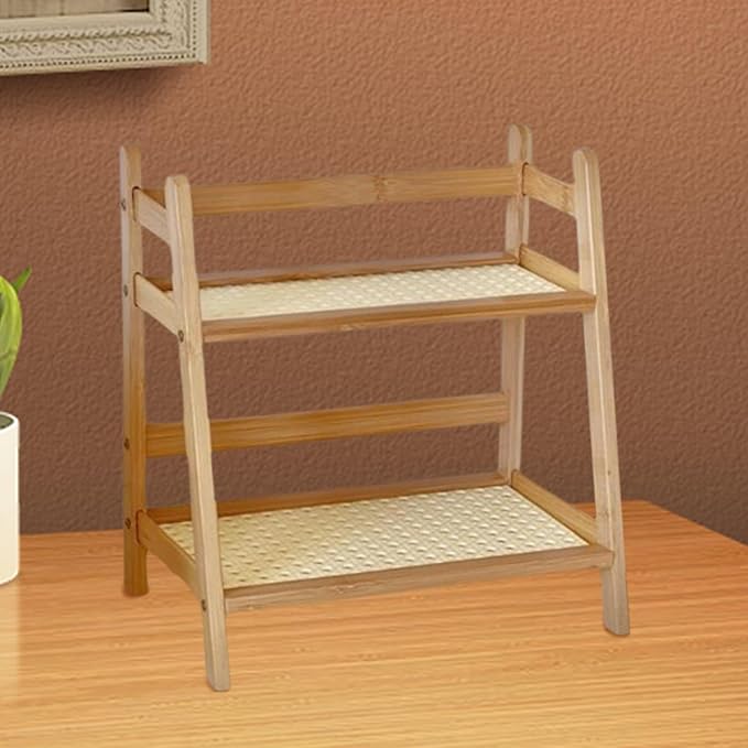 Desk Storage Organizer Bamboo Double Layer Rack,Flower Pot Stand,Desktop,2 Tier Home Decor for Kitchen Desk Bedroom Counter