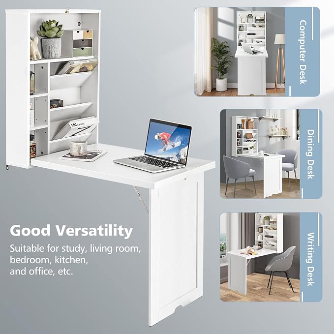 GOFLAME Wall Mounted Folding Desk, 3-Tier Tilt Storage Partition With Adjustable Shelves, Space-Saving Floating Laptop Desk, Convertible Writing Table for Home Office, White