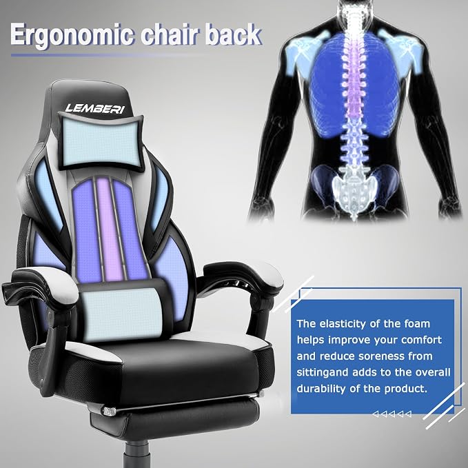 LEMBERI Big and Tall Gaming Chair 400lb Capacity, Heavy-Duty Office Chair with Reinforced Footrest, Wide Seat High Back PC Desk Chair with Linkage Armrests, Thickened Steel Frame, PU Leather, White