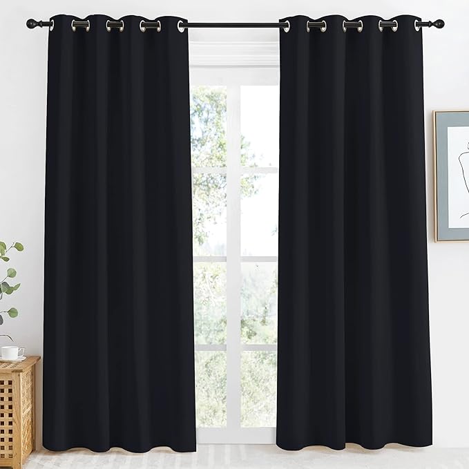 NICETOWN Black Blackout Curtain 86 inch Length, W55 x L86 Inch, 8 Grommets Top, 1 Piece, Thermal Insulated Modern Window Treatment Soundproof Drape Panel for Bedroom/Living Room