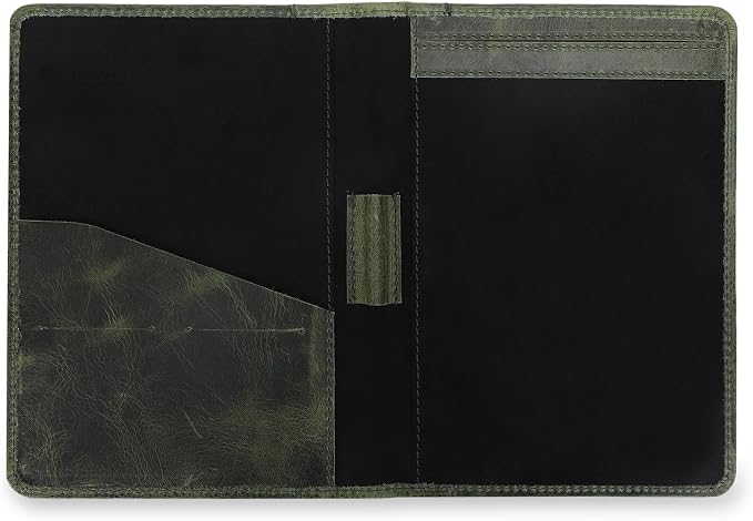 Leather Junior Padfolio for Men Women Business Portfolio Folder Compact 5 x 8 Legal Pad Organizer with Pen Loop Professional Resume Interview Document Holder Padfolio (Green)