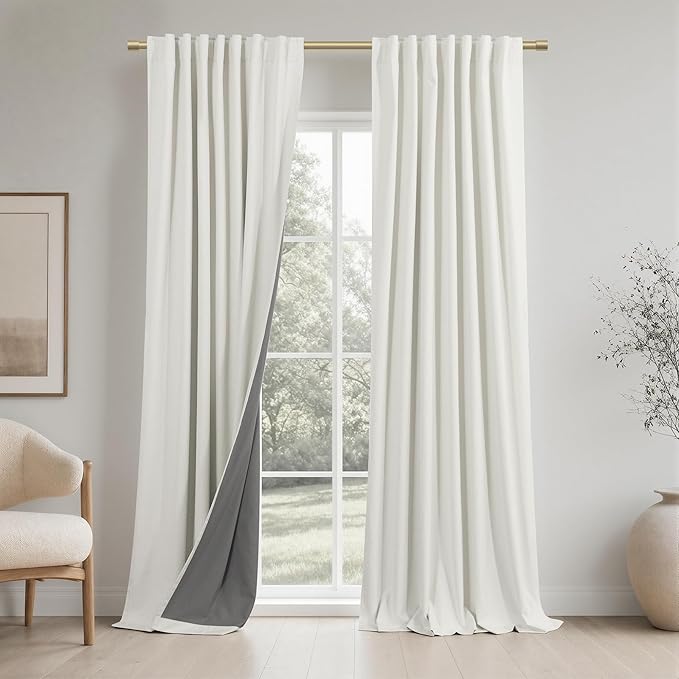 KOUFALL Ivory Blackout Curtains 90 Inches Long,Linen Back Tab Black Out Pleated Antique Curtains for Living Room Bedroom 52 x 90 Inch Length 2 Panel Set