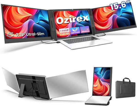 15.6" Laptop Screen Extender, FHD 1080P Triple Portable Monitor for Laptops, Ultra-Slim Travel Monitor for 13.3"–17.3" Laptops, USB-C & HDMI Plug & Play, Compatible with Windows/Mac/Android