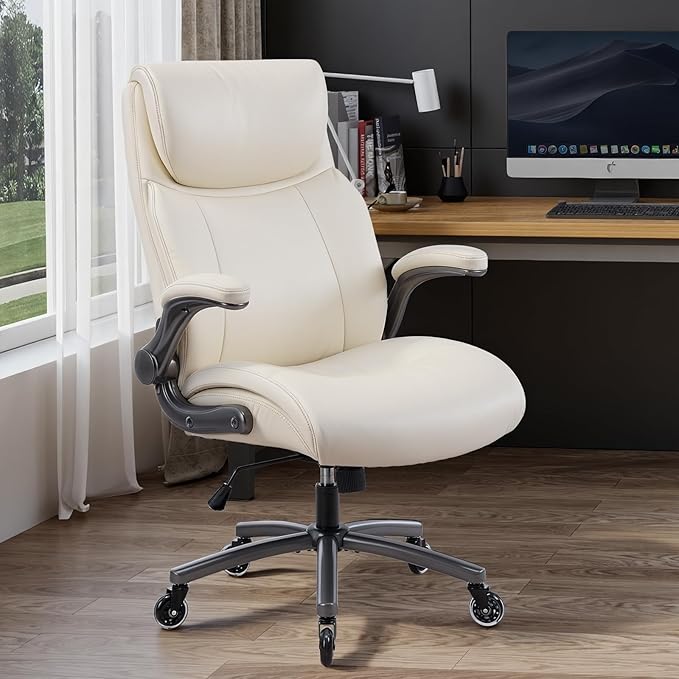 MALOL 300lbs Ergonomic PU Leather Office Chairs, High-Back y Home Computer Executive Chair with Lumbar Support and Flip-Up Arms, Beige