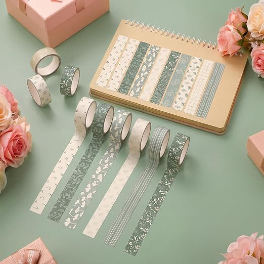12 Rolls Watercolor Floral Washi Tape Set 15 mm Vintage Flower Decorative Masking Tape for Summer School Arts DIY Craft Scrapbook Journal Supplies Gifts(Sage Green,Leaves)