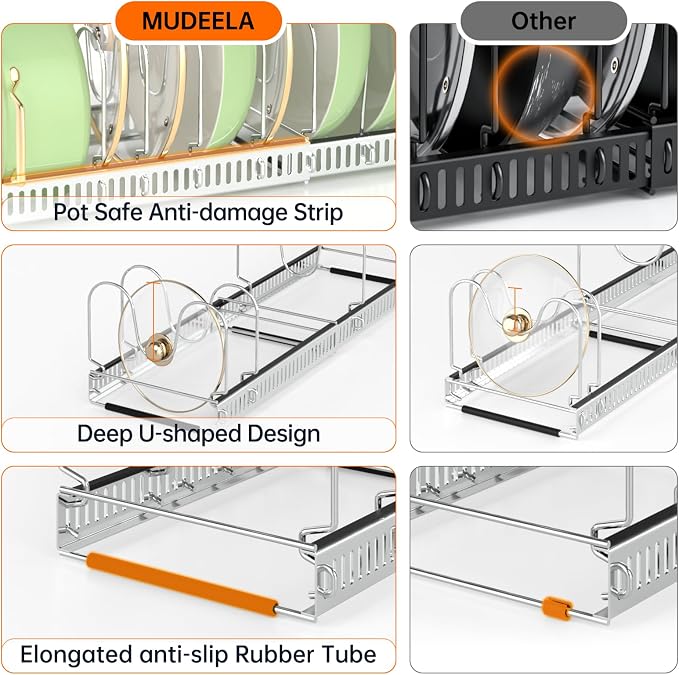 MUDEELA Expandable Pot Pan Lid Organizers inside Cabinet, 10 Divider-Silver | Expandable 11.8–22.9", 10 Adjustable Divider, Tool-Free Assembly, Non-Slip, Scratch-Proof, For Pan Lid Cutting Board Bakeware