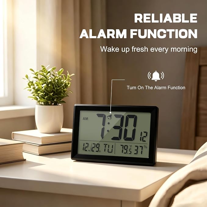 Digital Wall Clock Battery Operated with LCD Display, 6.5” Small Digital Clock with Seconds/Temperature/Humidity/Snooze - 12/24H, Digital Alarm Clocks for Bedrooms, Living Room, Office, Gym