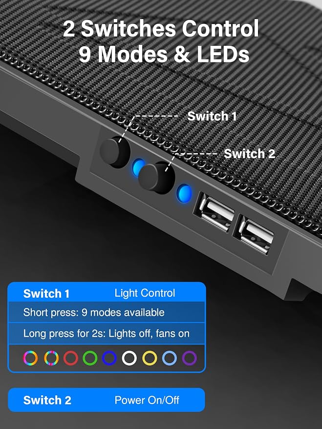 Kootek Laptop Cooling Pad, Laptop Cooler with 5 Quiet Fans for 12"-17" Computer PC Notebook Gaming Laptop Fan, Height Adjustable Laptop Cooling Stand Laptop Accessories (Mulit Colors)