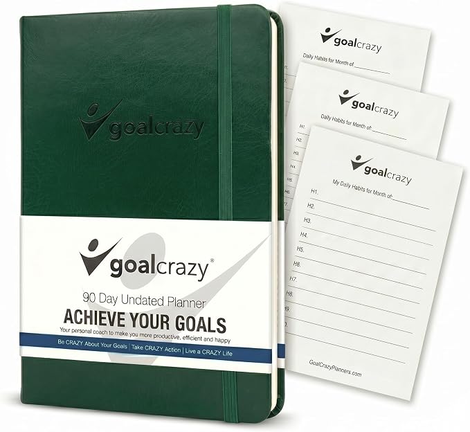 Goal Crazy Undated Daily Planner to Achieve Your Goals - 90 Day Guided Journal & Productivity Organizer with Goal Setting, Habit Tracker, To Do List, Academic & Work Calendar, Leather Hardcover - Forest Green
