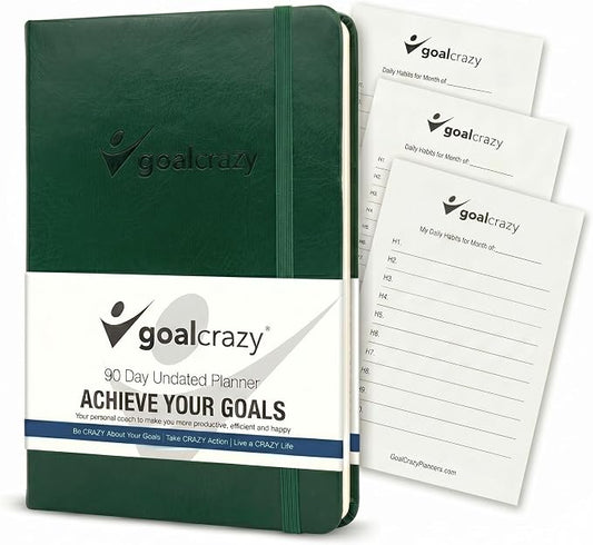 Goal Crazy Undated Daily Planner to Achieve Your Goals - 90 Day Guided Journal & Productivity Organizer with Goal Setting, Habit Tracker, To Do List, Academic & Work Calendar, Leather Hardcover - Forest Green