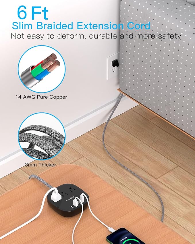 Flat Plug Power Strip, 6ft Flat Extension Cord - 3 Outlets 4 USB Ports (2 USB C) 22.5W/4.5A Desktop Charging Station, Power Strip No Surge Protection for Cruise Ship, Dorm Room Travel Essentials - BK