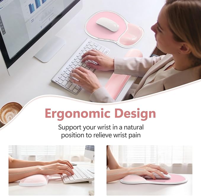 AKIT Ergonomic Gel Mouse Pad and Keyboard Wrist Rest, Non-Slip, Pink | Gel Wrist Support for Typing Comfort Non-slip Base Fits Standard Keyboards and Mice Reduces Fatigue During Long Work Sessions