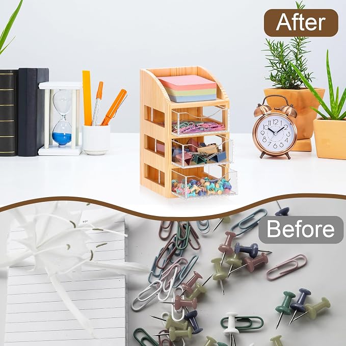 3 Drawer Desktop Accessory Storage Acrylic Sticky Note Holder with Drawers Clear Post it Note Holder Wood Paper Clip Organizer Push Pin Holder Desk Organizer Small Space 4.53"L x 4.1"W x 7.7"H