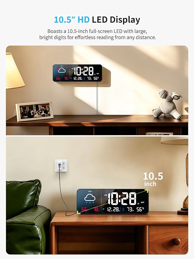 Digital Wall Clock, Digital Clock Large Display with Network Auto-Synced, Corded Smart LED Alarm Clocks Real-Time Shows Weather, Indoor/Outdoor Temp Humidity for Living Room Bedroom Classroom Office