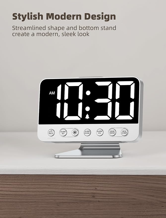 Odokee Digital Alarm Clocks for Bedrooms: Easy to Read Across The Room | Large Bold Number 5 Brightness Dimmer - 8 Night Light 5 Sound - Loud Alarm for Heavy Sleepers with Adjustable Volume - Silver