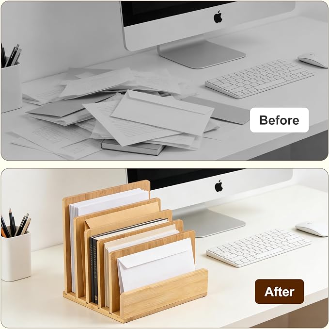 Bamboo Desk File Organizer, 5-Section Vertical Mail Sorter, Home Office Desktop Holder for Folders, Letters, Envelopes, Bills, Documents Storage