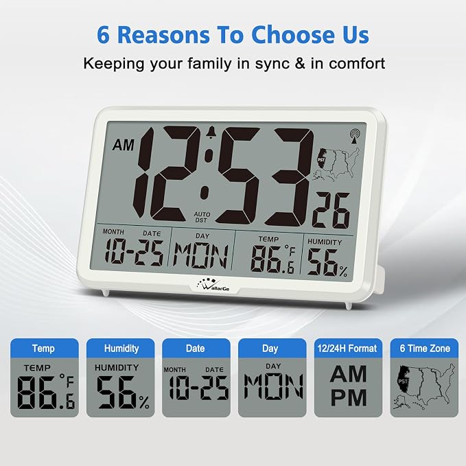 WallarGe Atomic Wall Clock with Backlight, Battery Operated | Large Digital Display, Indoor Temperature, Humidity, Date, AUTO DST, 6 Time Zones