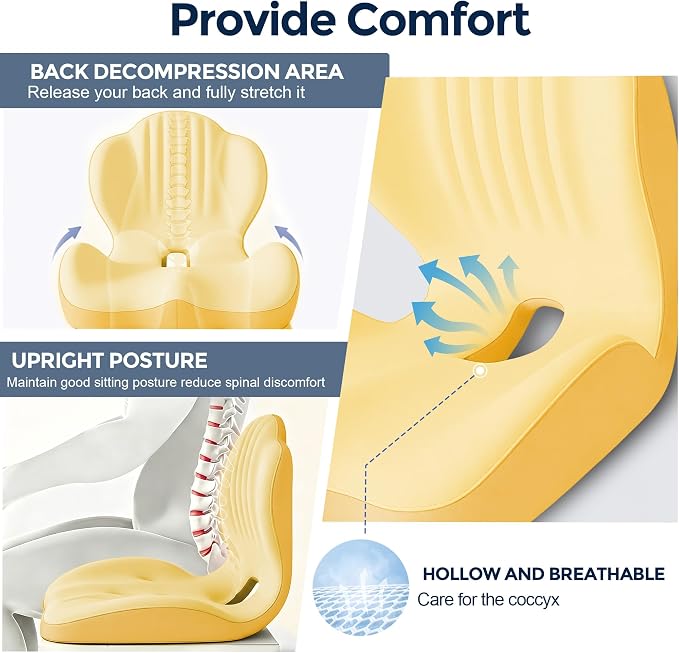 Seat Cushion for Office Chair and Car, L-Shaped Ergonomic Seat Cushions,Memory Foam Orthopedic Cushion with Coccyx Hollow,Lumbar Support & Tailbone Pain Relief for Car, Truck, Home,Gaming Chair,Yellow