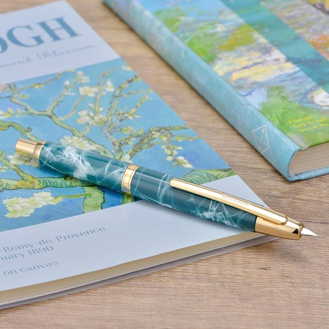 Jinhao 10 Press Fountain Pen with Box, Marble Blue Retractable Medium Nib with Ink Converter Set (Golden Clip)