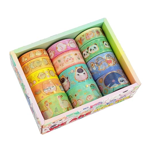 Cute Pets Washi Tape Set 13 Rolls Wide Gold Embellishment Decorative Masking Tapes for Arts, DIY Crafts, Journals, Planners, Scrapbook, Wrapping (Animal Kindergarten)