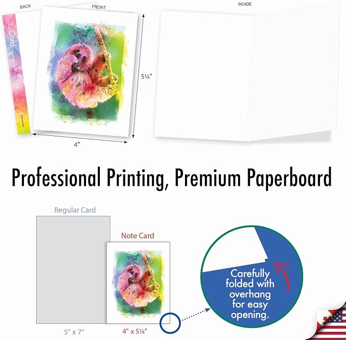 The Best Card Company Animal Assorted Watercolor Blank Greeting Card Box Set - Incl. 10Unique Notecards Designs + Envelopes, Thank You, Invitations- Funky Rainbow Sloth AM6866OCB-B1x10