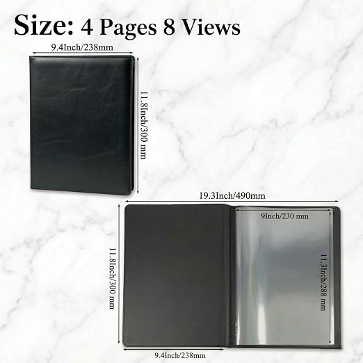 2-Pack Premium Vegan Leather Menu Cover 8.5 x 11, 4 Page 8 View Menu Folder with Clear Sleeves, Restaurant Menu Holder, Portfolio Binder, Sheet Music Folder, Hotel & Guesthouse Presentation Book
