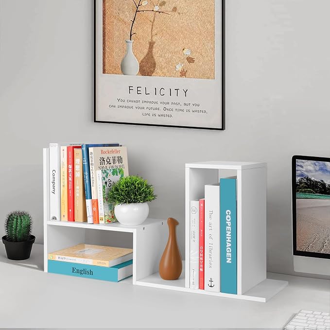 Desktop Shelf Organizer,Adjustable Stackable Office Storage Rack,Wood Display Shelf,White Small Bookshelf for Desktop,Tabletop Desk Shelf,Multipurpose Shelves for Office, Dormitory,Home Decor.