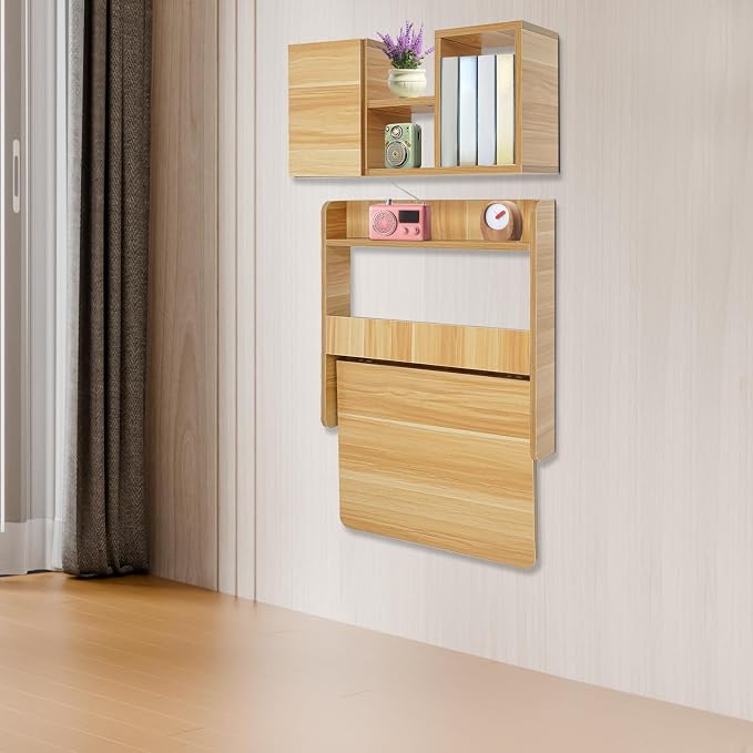 Floating Desk, 24" Wall Mounted Folding Desk with Bookshelf Folding Wall Desks Space Saving Workstation with Storage Shelves for Home Office Bedroom Study Room Small Space