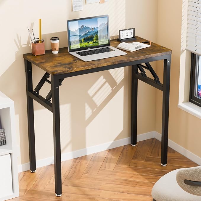 VINGLI Small Computer Desk No Assembly Required, Folding Desk as Writing Table, Dining Table and Workbench, Foldable Desk for Small Space & Home Office, 31.5 Inch, Brown & Black Frame