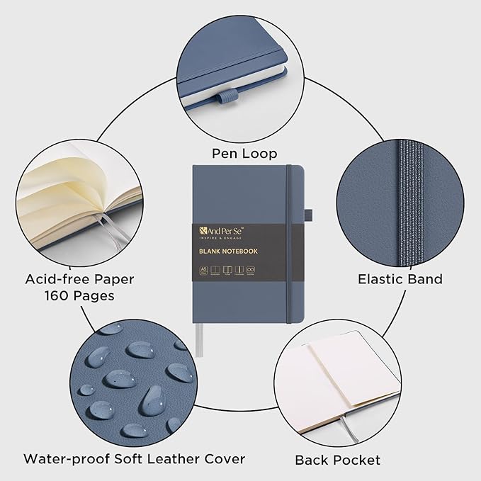 &And Per Se Blank Sketch Notebook, A5 Hardcover, 160 Pages 100gsm Thick Paper, Unlined Journal for Drawing, Doodling, Hand Lettering – Creative Gift for Artists, Designers, Writers (Dark Blue)