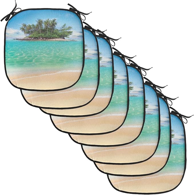 Lunarable Island Chair Cushion Pads Set of 8, Tropical Island Sandy Seaside Clear Water Honeymoon Destination Waterscape, Anti-Slip Seat Padding for Kitchen & Patio, 16"x16", Cream Blue Green
