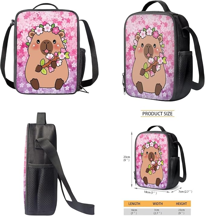 WELLFLYHOM Cute Capybara Elementary School Backpack for Girls, 4PCS Set Cherry Blossom Backpack with Lunch Box for Kids 6-11, 17 Inch Bookbag with Adjustable Strap for All Day School