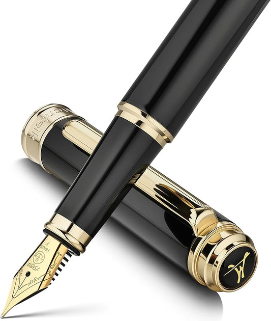 317 Fountain Pen,Stunning Luxury Black Piano Lacquer,18K Gilded Nib(Fine),Gorgeous 24K Gold Finish, Ink Converter,Fancy Gift for Men&Women-Elegant,Executive,Office,Nice Pens for Writing