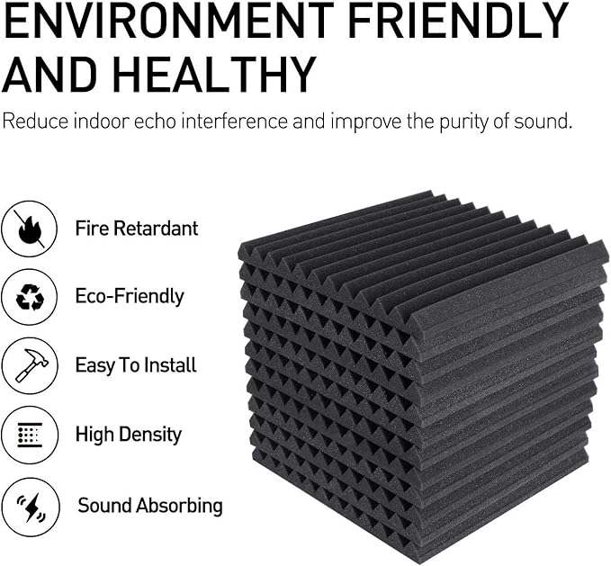 Focusound 24 Pack Black Grey Acoustic Foam Panels 1" x 12" x 12" Sound Proof Foam Panles Soundproofing Noise Cancelling Wedge Panels for Home Office Recoding Studio with 240PCS Double-Side Adhesive
