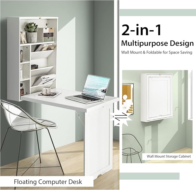 Wall Mounted Desk, Wood Collapsible Floating Desk, Convertible Computer Desk with Storage Area, Hanging Fold Out Table for Home Office, Small Spaces (White)