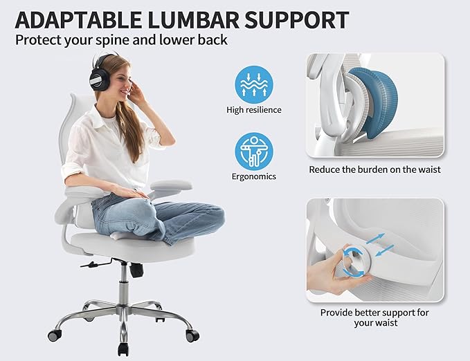 TRALT Ergonomic Office Chair- Desk Chair with Adjustable Lumbar Support | Big and Tall Back Ergonomic Desk Chair - Home Office Mesh Chairs and PU Leather Seat for Home Reading to Adults(White)