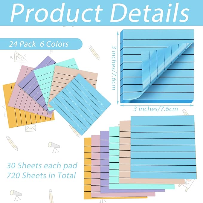 Yinder 24 Pack 720 Sheets Transparent Sticky Notes Translucent Clear Lined Self Sticky Notes for Bible Tabs, Book Tabs, Office School Supplies(3 x 3 Inch,Macaron Color)