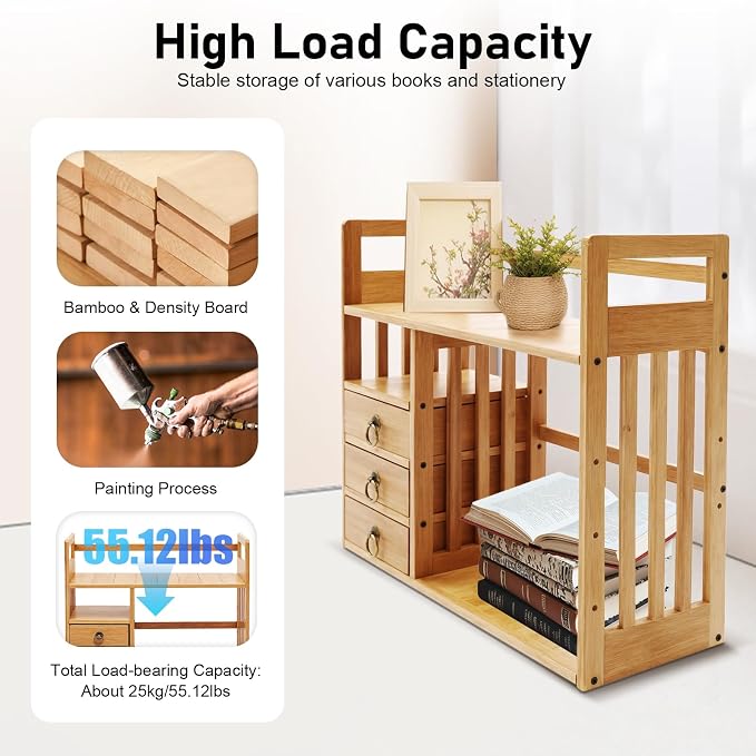 Bamboo Desktop Bookshelf, Desk Organizer Display Shelf with 3 Drawers, Counter Top Bookcase Wood Tone Display Shelf Rack Multipurpose Bookshelf for Home Office