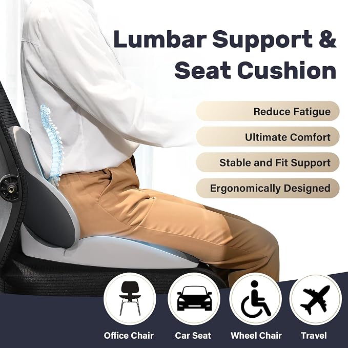 Coverado Car Seat Cushion and Lumbar Support Pillow, Memory Foam Ergonomic Back Support Driving Seat Cushion for Sciatica, Tailbone, Back Pain, Non-Slip Washable Cushion for Car, Driver, Office