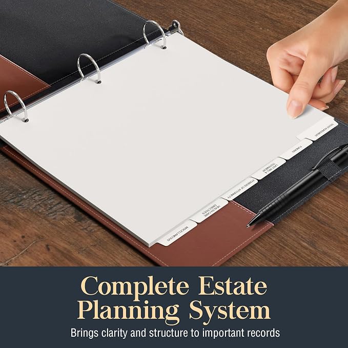 Estate Planning Leather Organizer Binder – Genuine Leather Estate Planning Portfolio, 3 Ring Round Ring Trust Binder with Tabs & Folder for Wills, Insurance & Legal Documents – Brown Leather