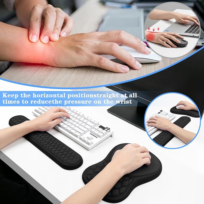 Ergonomic Wrist Rest for Keyboard and Mouse Pad Support Set, Soft Memory Foam Massage Design Relieves Wrist Pain, Non-Slip PU Base for Computer Desk (2-in-1 * Black